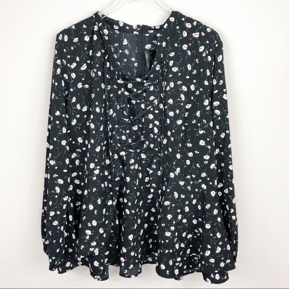 Lane Bryant Tops - Lane Bryant | Black Floral Lace Up Peasant Blouse